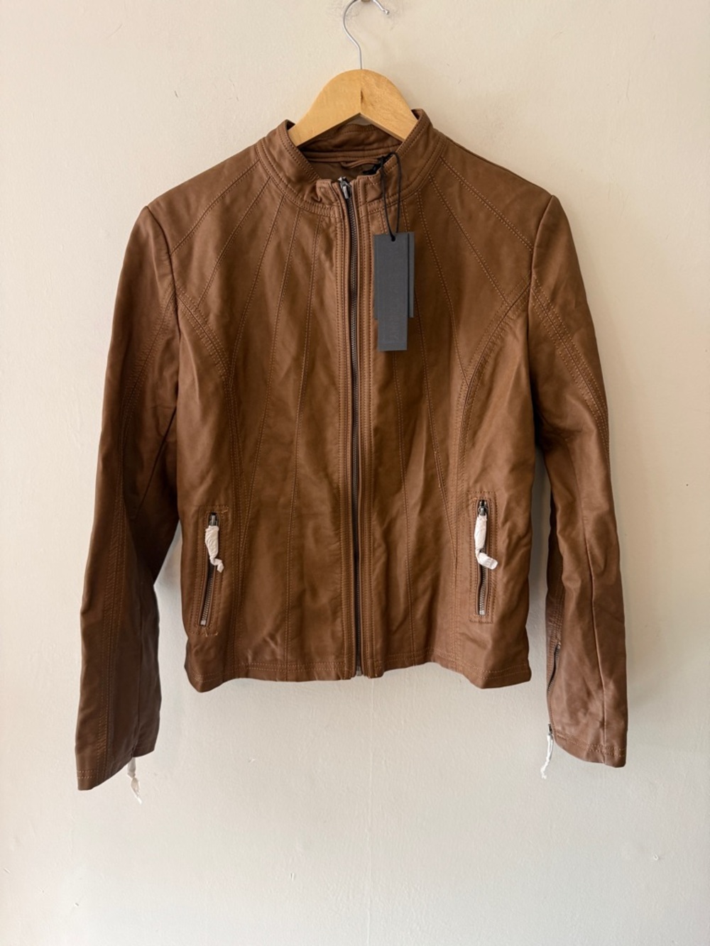 Women's Tan Faux Leather Moto Jacket - Picture 3 of 7